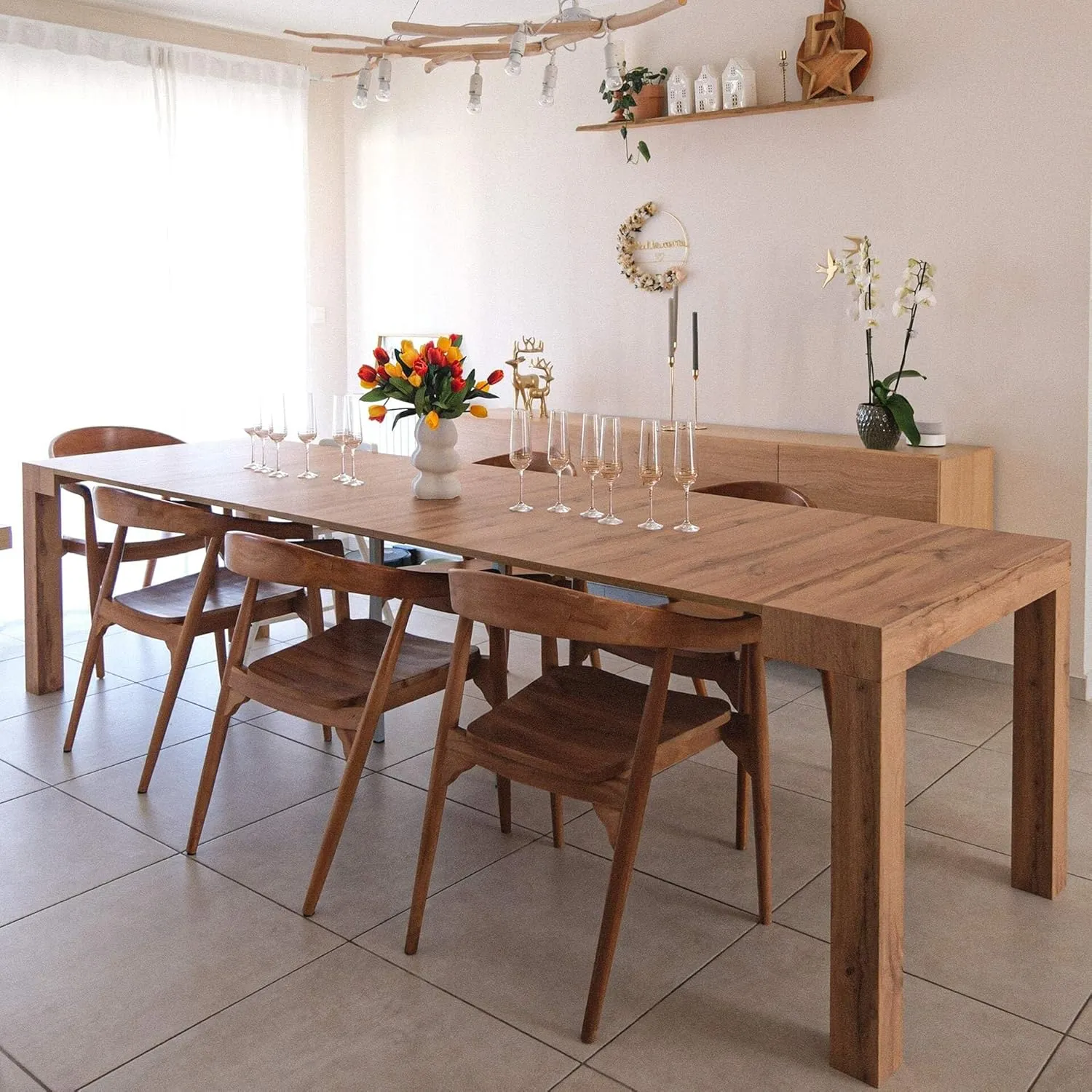 Mobili Fiver, First, Extendable Console Table 17.7(120) x35.4 in, Rustic Oak, for 4-14 People, Space-Saving Dining Table, Italian Furniture