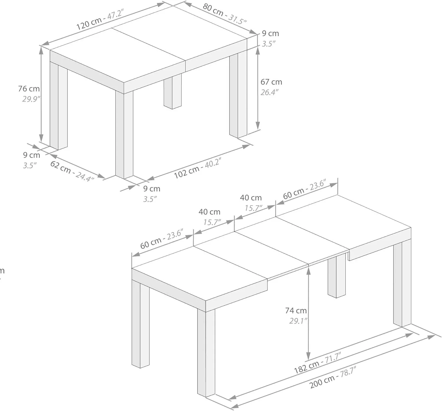 Mobili Fiver, First Extendable Table, 47.2(77.6) x31.5 in, Concrete Effect, Grey, Made in Italy