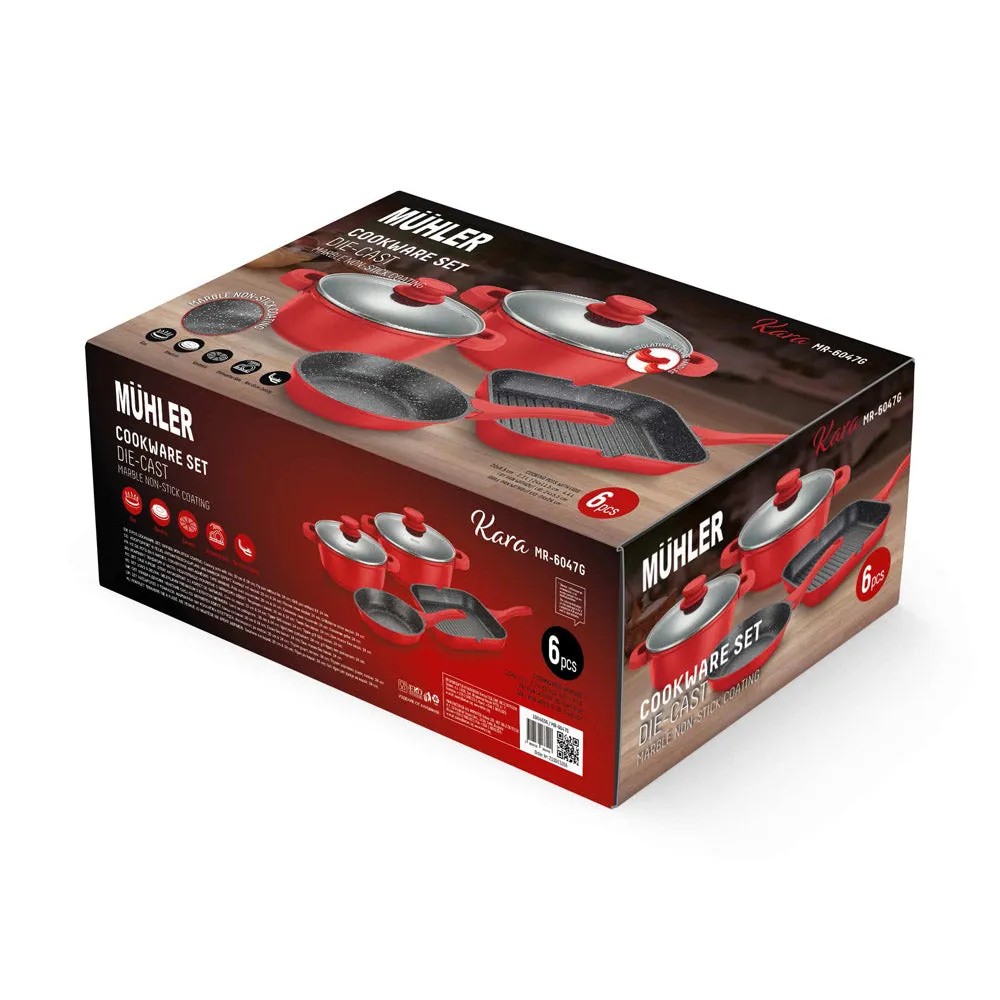 Muhler Kara Non-Stick Cookware Set, 6 Pieces - Die-Cast Aluminum, Red