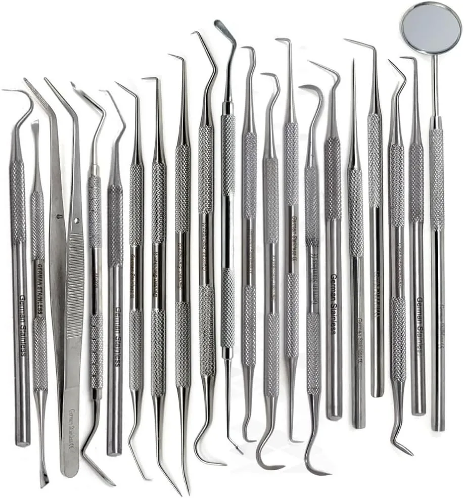 Multipurpose Dental Tools 20 Pcs Tartar Calculus Plaque Remover Teeth Cleaning Set to Use for Oral Care Hygiene Includes Stainless Steel Picks, Tweezers, Mirror, Scrapper, Micro Probes, Scalers