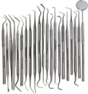 Multipurpose Dental Tools 20 Pcs Tartar Calculus Plaque Remover Teeth Cleaning Set to Use for Oral Care Hygiene Includes Stainless Steel Picks, Tweezers, Mirror, Scrapper, Micro Probes, Scalers