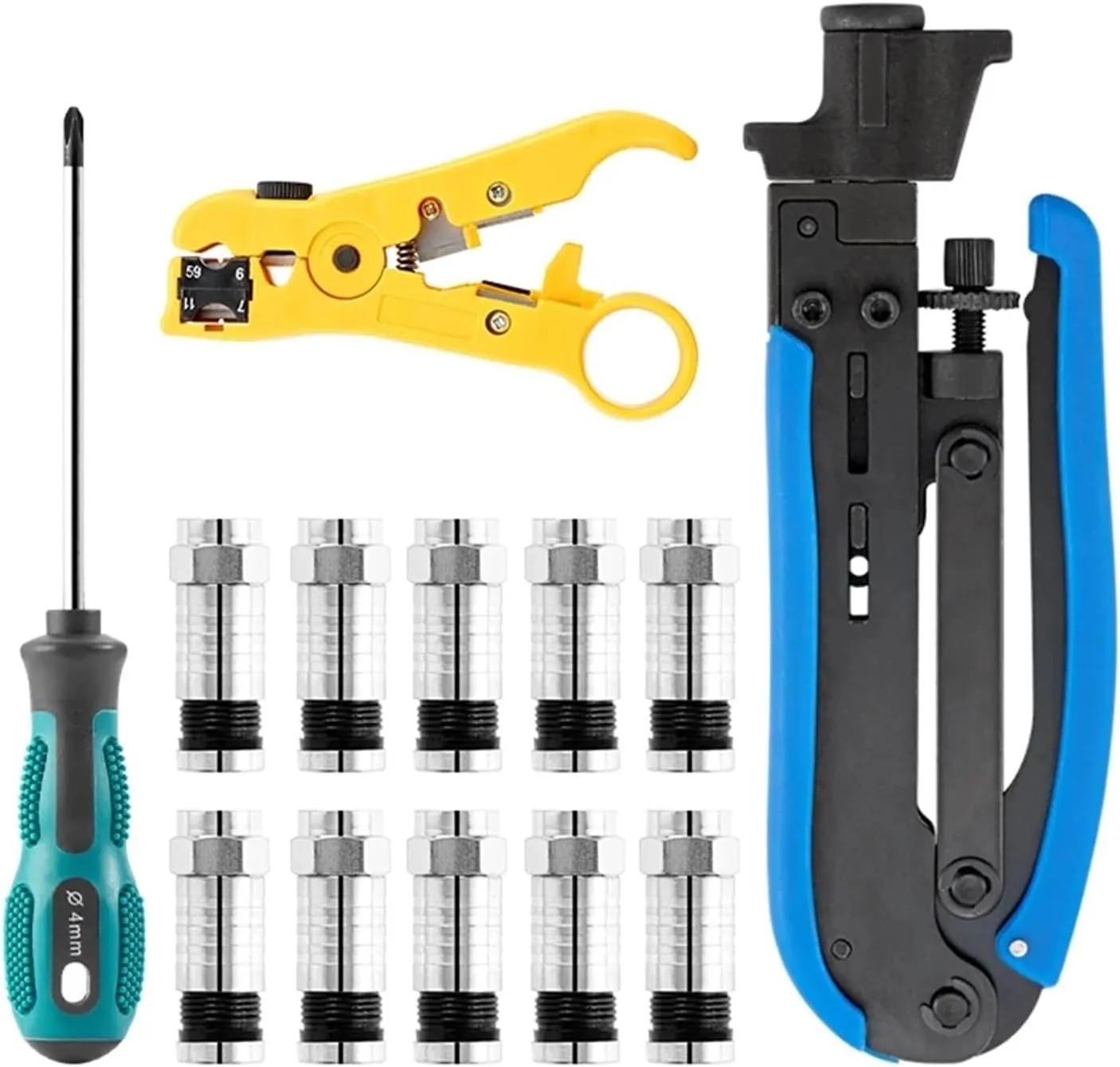 Multitool Wire Stripping Squeezing Pliers Coaxial Cable Cold Press Clamp RG59 RG6 Cable TV Crimping Tool Set Tool Kit (Color : 1KT-523H20)