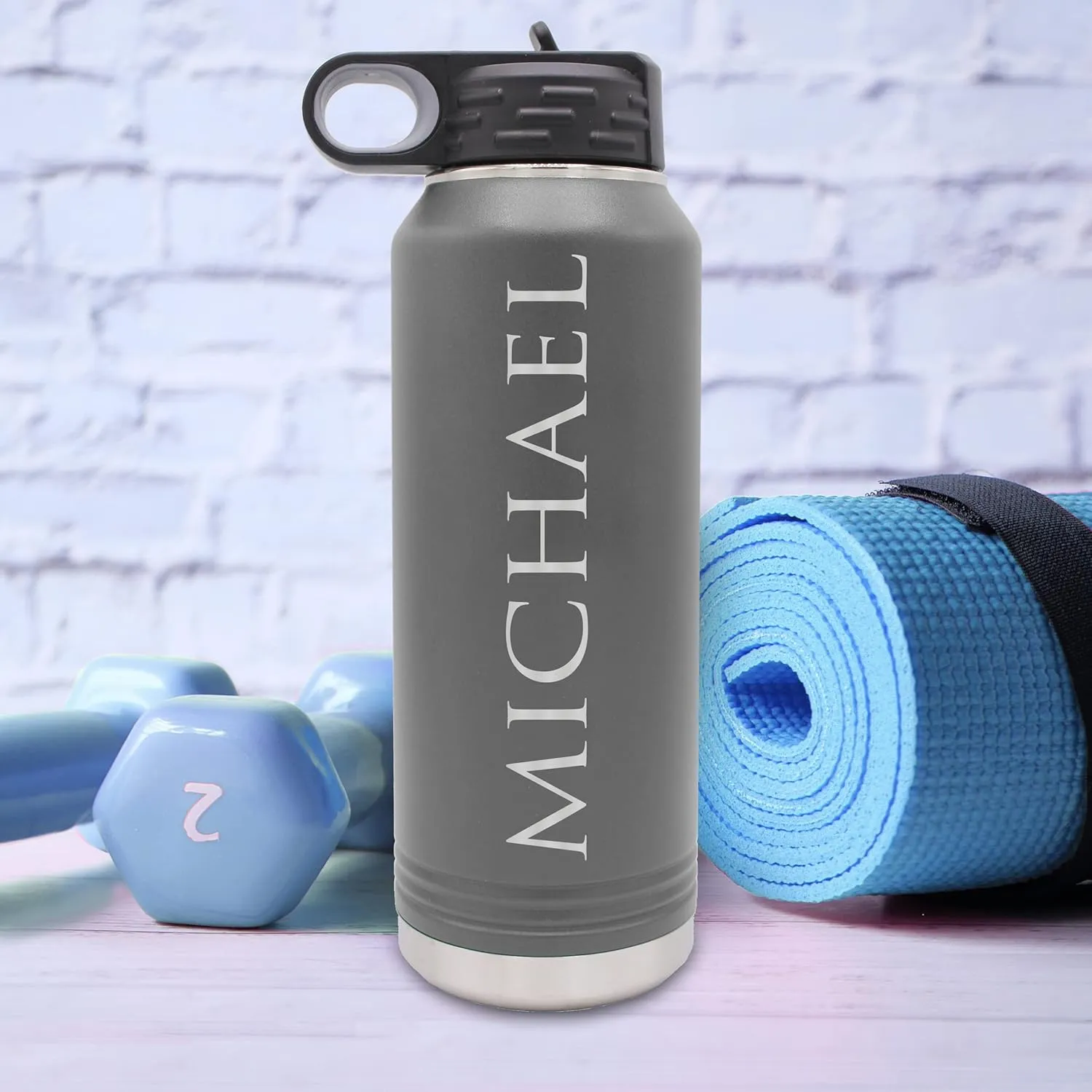 My Personal Memories Custom Personalized Premium 32 oz Vacuum Insulated Powder Coated Stainless Steel Sports Water Bottle with Straw for Workouts, Yoga, Gym, Office, Work, Women, Men, Him, Her (Gray)