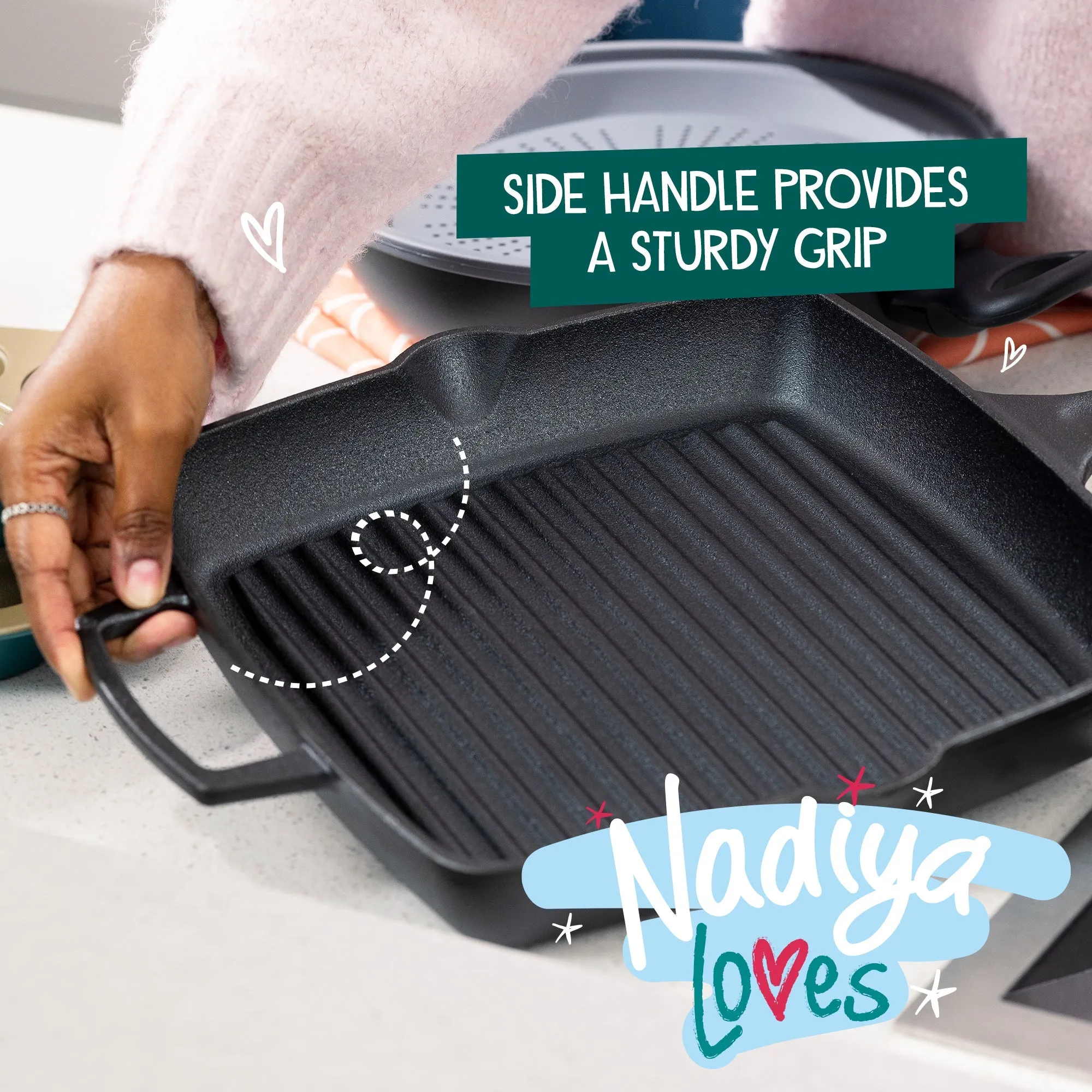 Nadiya Hussain Cast Iron Square Grill Pan & Free Schwartz Kicking Kebabs Spice Kit