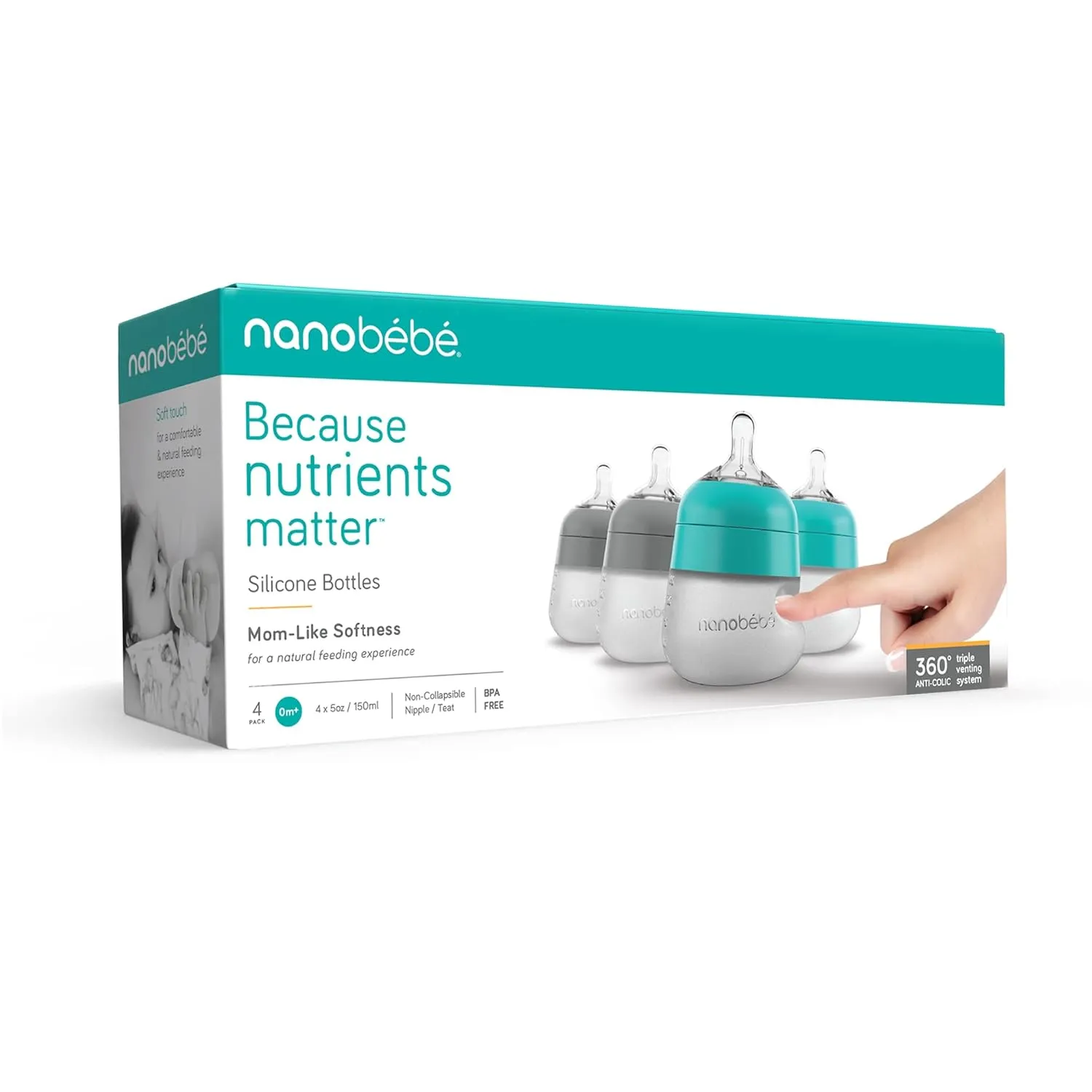 Nanobébé Flexy Silicone Baby Bottle, Anti-Colic, Natural Feel, Non-Collapsing Nipple, Non-Tip Stable Base, Easy to Clean 4-Pack, Grey/Teal, 5 oz