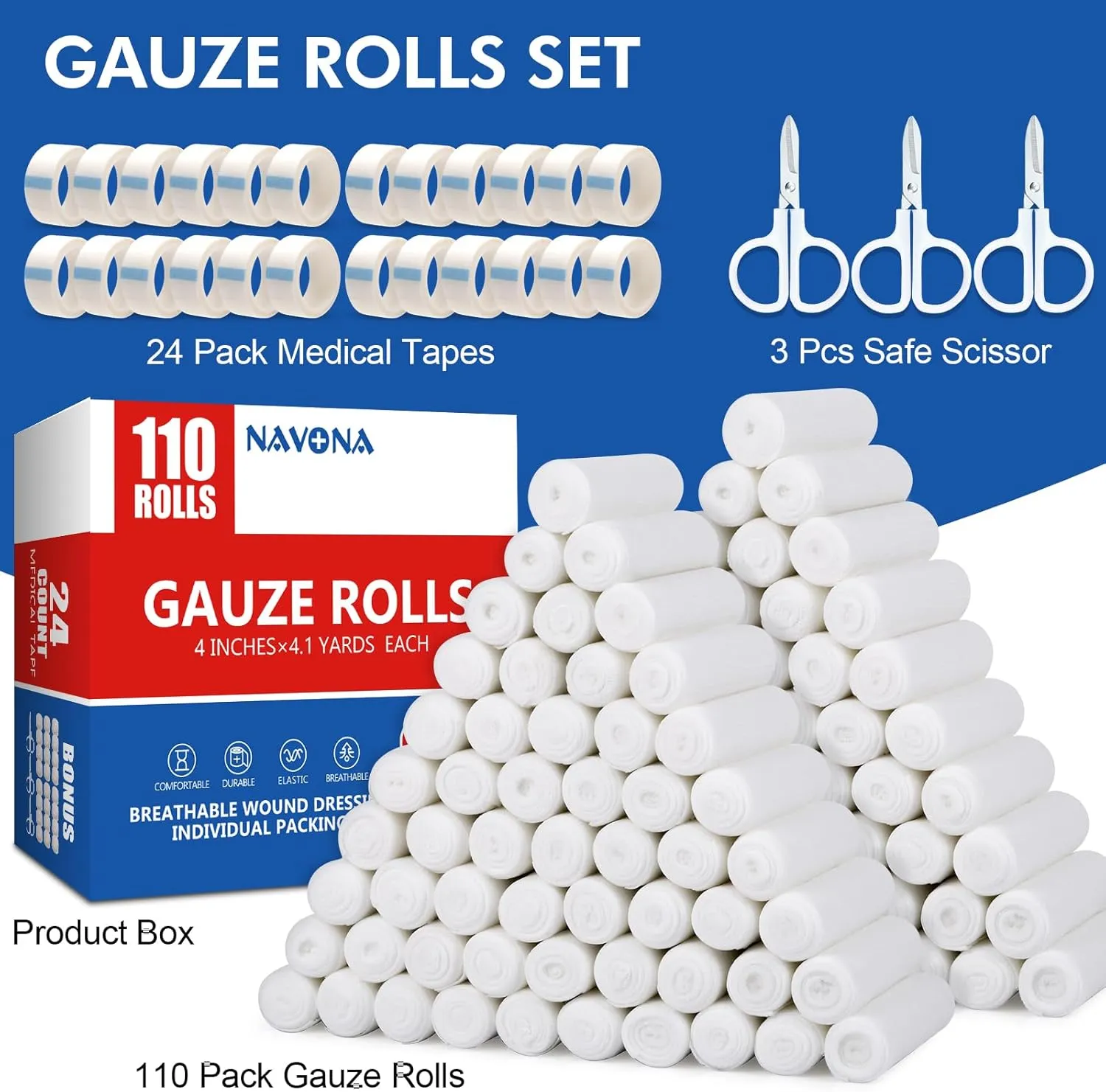 Navona 110 Pack Gauze Rolls Bandages, 4 in x 4.1 Yards, Individually Wrapped Breathable Rolled Gauze, Mummy Wraps, Premium First Aid Supplies & Medical Supplies for Wounds