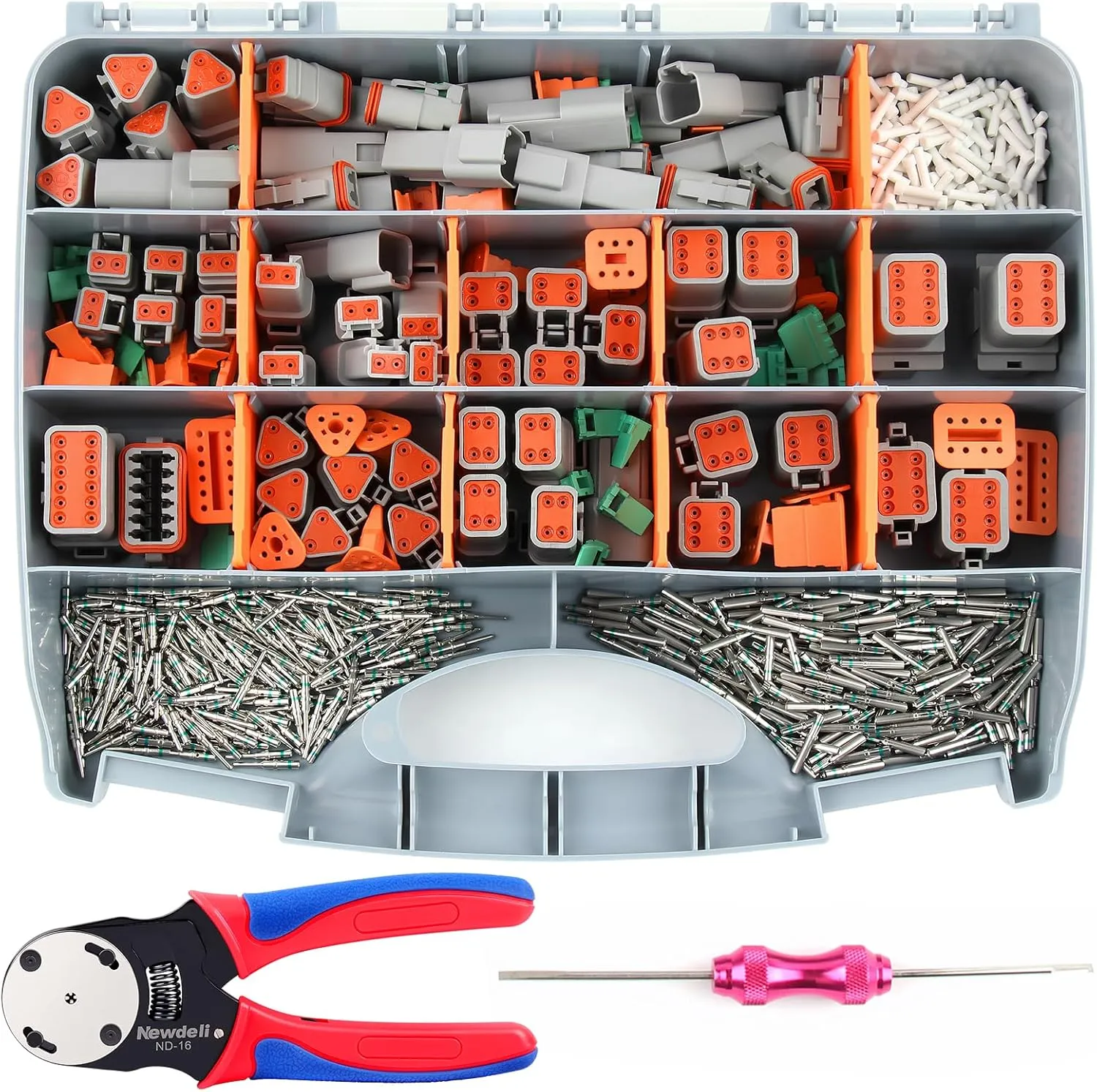 Newdeli 338 pcs Deustch Connector Kit 2 3 4 6 8 12 Pin Connectors with Deutsch Crimping Tool and DT Connector Removal Tool Size 16 Solid Terminal Contacts(14-20AWG)