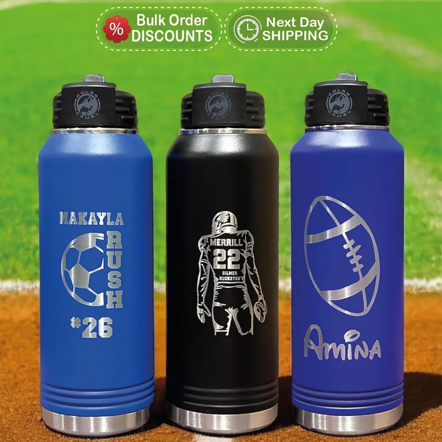 Next Day Shipping, Personalized Laser Engraved 12 20 32 40 oz Water Bottle with Name & Sport Logo, Stainless Steel Double Wall Vacuum Insulated with Lid and Straw Custom Water Bottle (Sport Chart)