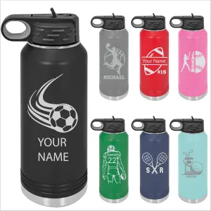 Next Day Shipping, Personalized Laser Engraved 12 20 32 40 oz Water Bottle with Name & Sport Logo, Stainless Steel Double Wall Vacuum Insulated with Lid and Straw Custom Water Bottle (Sport Chart)