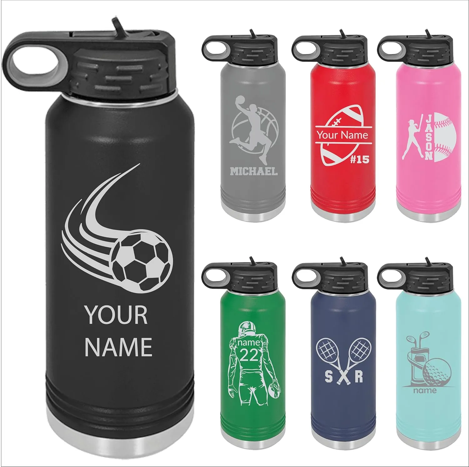 Next Day Shipping, Personalized Laser Engraved 12 20 32 40 oz Water Bottle with Name & Sport Logo, Stainless Steel Double Wall Vacuum Insulated with Lid and Straw Custom Water Bottle (Sport Chart)