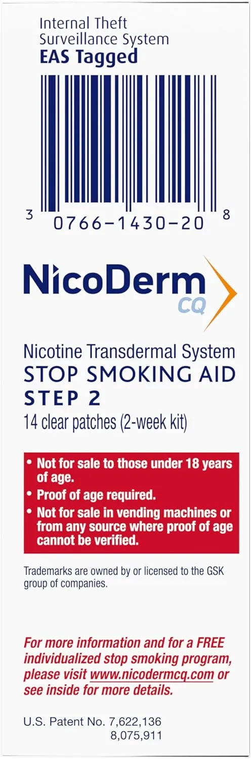 NicoDerm CQ Step 2 Nicotine Patches to Quit Smoking - Stop Smoking Aid, 14 Count (2-Week Kit)
