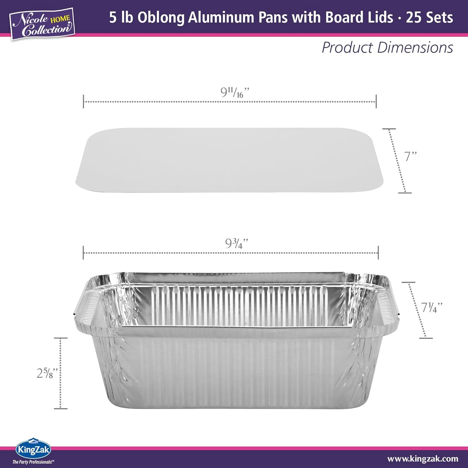 Nicole Home Collection Aluminum Pans With Lids - 25 Count - 5LB (10" x7.5) Oblong Pans - To Go Containers With Lids - Disposable Tin Foil Pans - Perfect For Catering, Meal Prep, Baking, Freezer Safe
