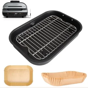 Non-Stick Griddle Pan, Stainless Steel Rack and Air Fryer Liners for Ninja FG551 Smart XL 6-in-1 Indoor Grill, Parts for Ninja Air Fryer Accessories with Disposable Parchment Paper, 100 Packs