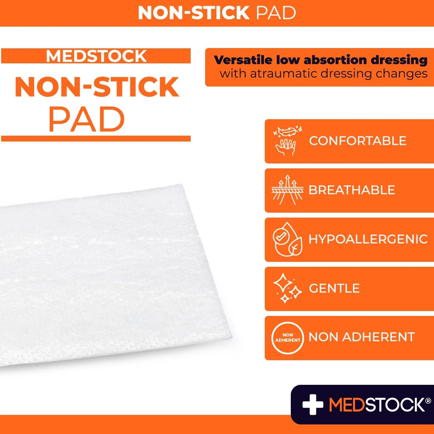 Non-Stick Pad, 4"x4" (Pack of 100), Gauze Pad Dressing, Non-Stick Wound Care, Surgical Grade, Fragile Tissue Protection, High Absorption, Porous Film Skin Contact Layer, Non Woven Fabric