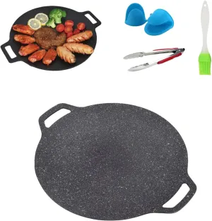 Non-stick Round Baking Pan, Korean Grill Pan for Indoor Cooking, Korean BBQ Grill Pan, for Home Kitchen Camping, With Heat-Resistant Gloves, Food Holder, Oil Brush (11in)