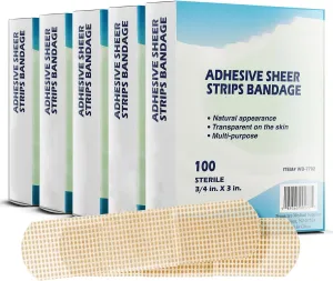 Novamedic Self-Adhesive Sheer Strips Bandages for Wound Dressing, 3/4 x 3 Inches, 100 Count (Pack of 10) First Aid Bandages w/Absorbent Non-Stick Pads, Breathable, Skin-Tone PE Material, 1,000 Strips