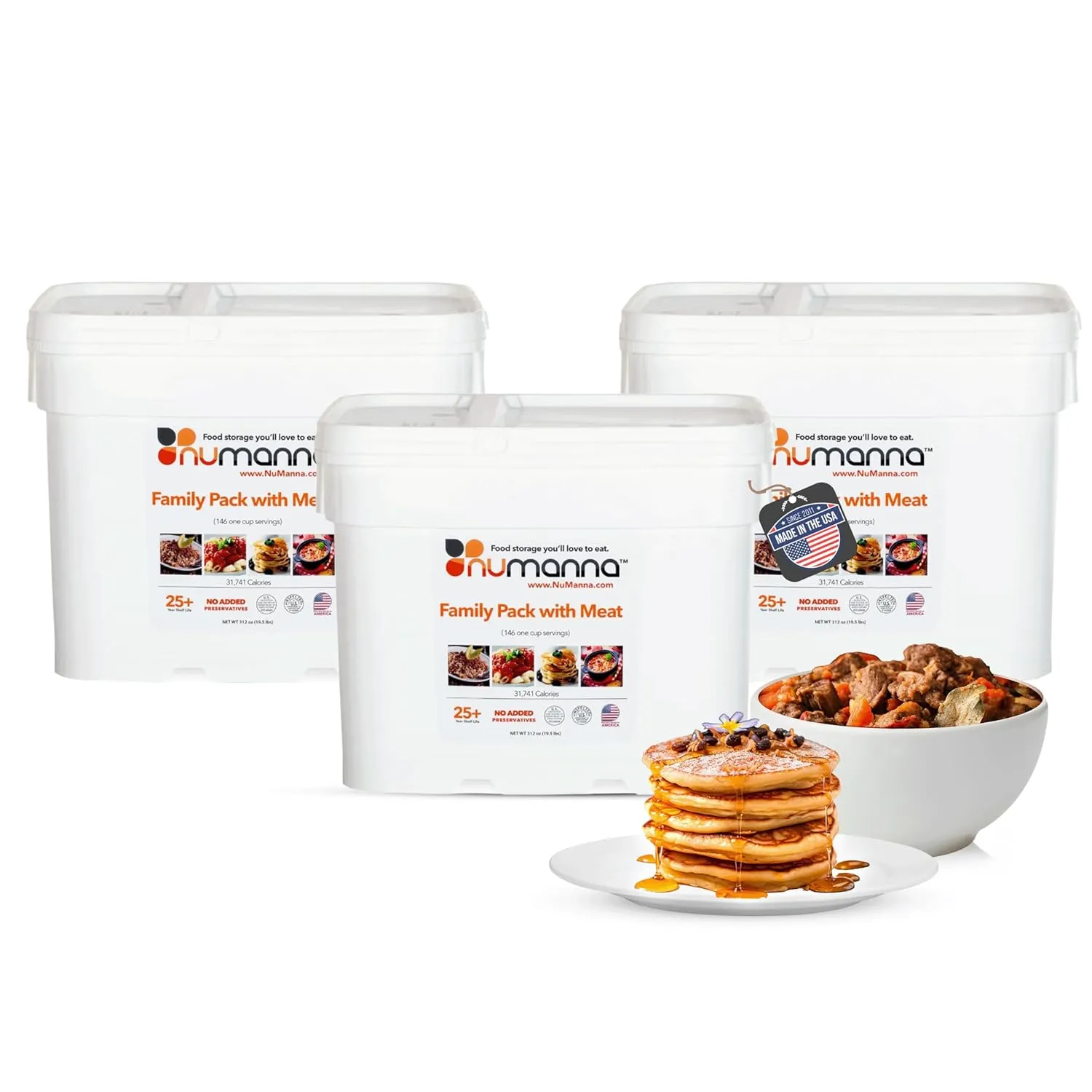Numanna Triple Family Pack with Meat Bucket 438 Servings Made In USA 25  Year Shelf Life 31,741 Calories Per Bucket Easy to Prepare Emergency Survival Family Food Kit Long Term Meal & Food Supplies