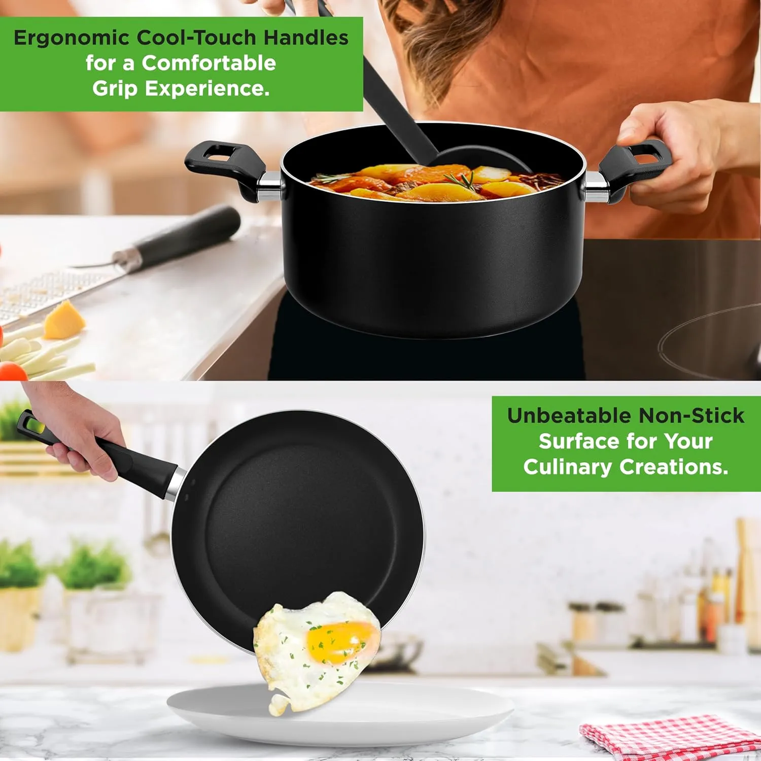 NutriChef 13-Piece Nonstick Cookware - Heat Resistant Kitchen Ware Set w/Saucepan, Frying Pans, Cooking Pots, Casserole, Lids, Ladle, Fork, Strainer - NCCWA13, Black