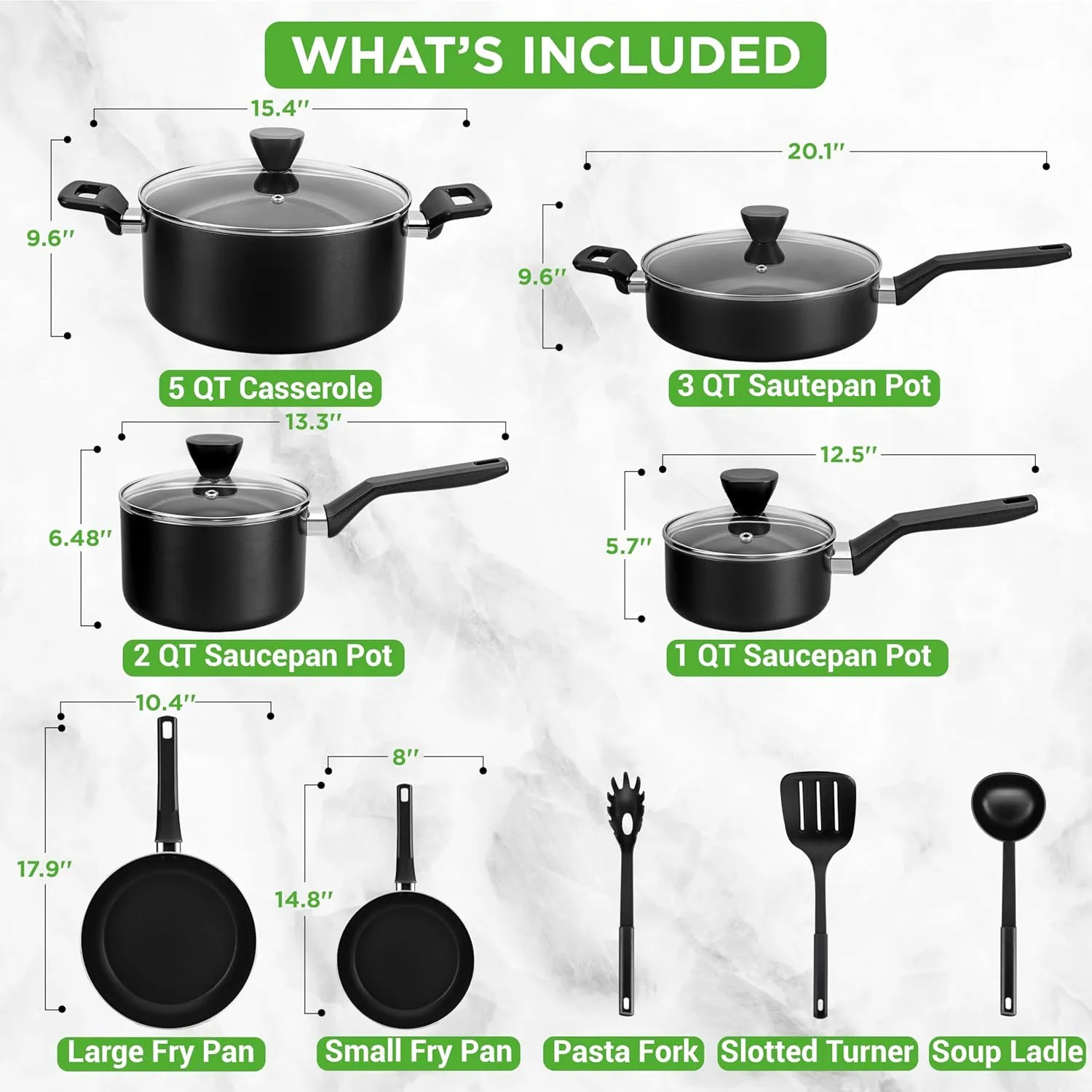 NutriChef 13-Piece Nonstick Cookware - Heat Resistant Kitchen Ware Set w/Saucepan, Frying Pans, Cooking Pots, Casserole, Lids, Ladle, Fork, Strainer - NCCWA13, Black