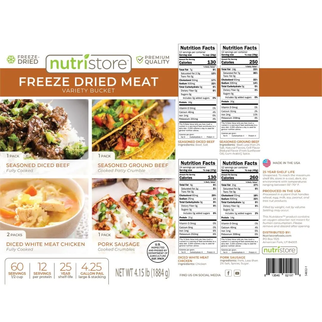 Nutristore Emergency Buckets Meat 3-Pack | Premium Freeze-Dried Meats | 25-Year Shelf Life | Made in USA | Emergency Survival Food Supply | 180 Large Servings (Meat - 3 Pack)