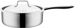 Nuwave Commercial 3QT Tri-Ply Stainless Steel Sauté Pan with Lid, Even-Heating Technology, 18/10 Deep & Heavy-Duty Construction, PTFE PFOA PFAS Free