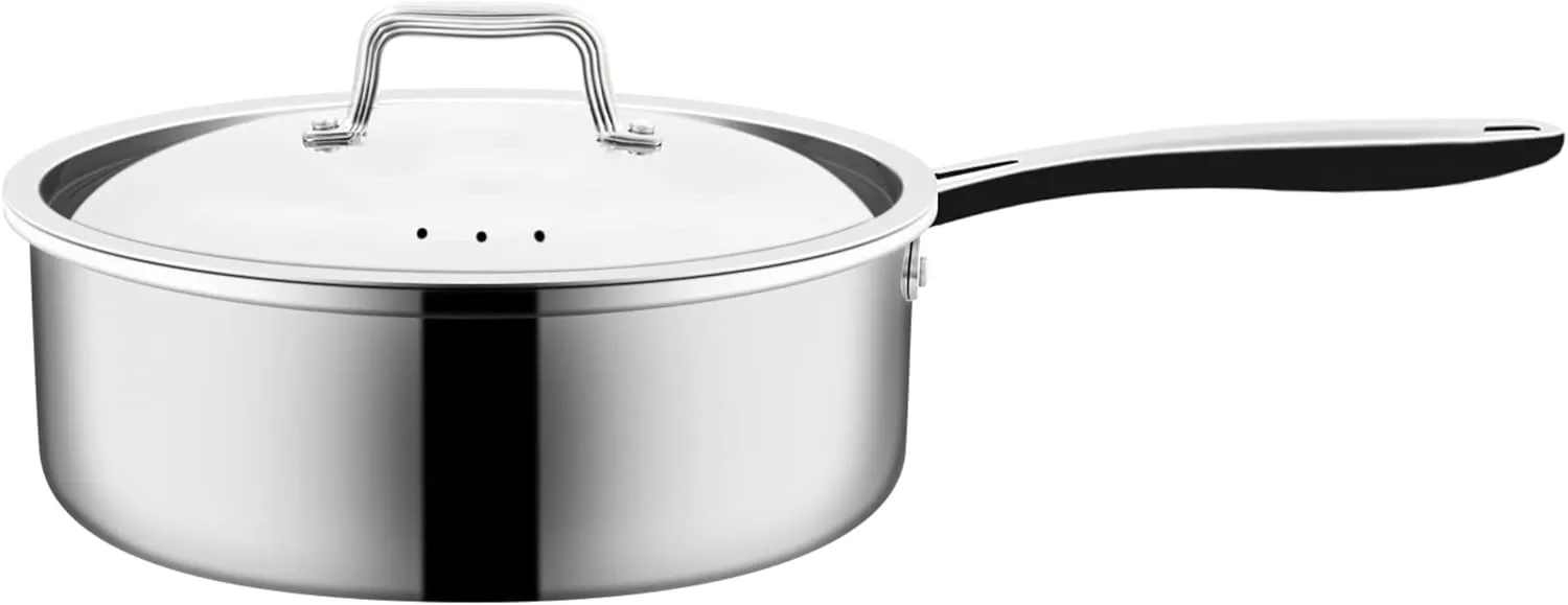 Nuwave Commercial 3QT Tri-Ply Stainless Steel Sauté Pan with Lid, Even-Heating Technology, 18/10 Deep & Heavy-Duty Construction, PTFE PFOA PFAS Free