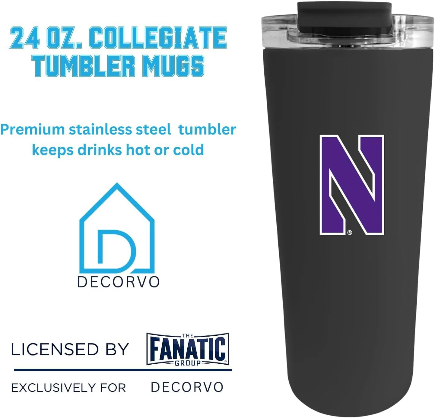 Officially Licensed Collegiate Stainless Steel Tumbler - Double Walled Insulated Travel Thermos - 24 oz (Northwestern Black)