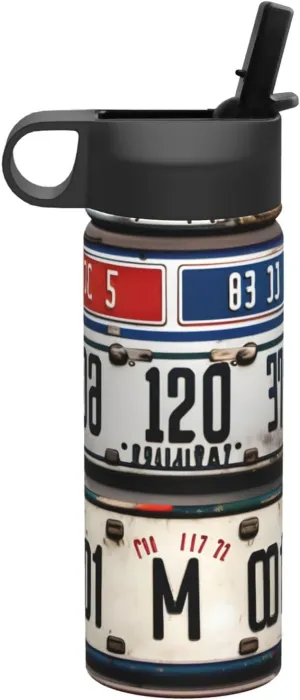 Old License Plate Print Flask Stainless Steel Water Bottle with Straw 18OZ FOR Outdoor Gym Commute