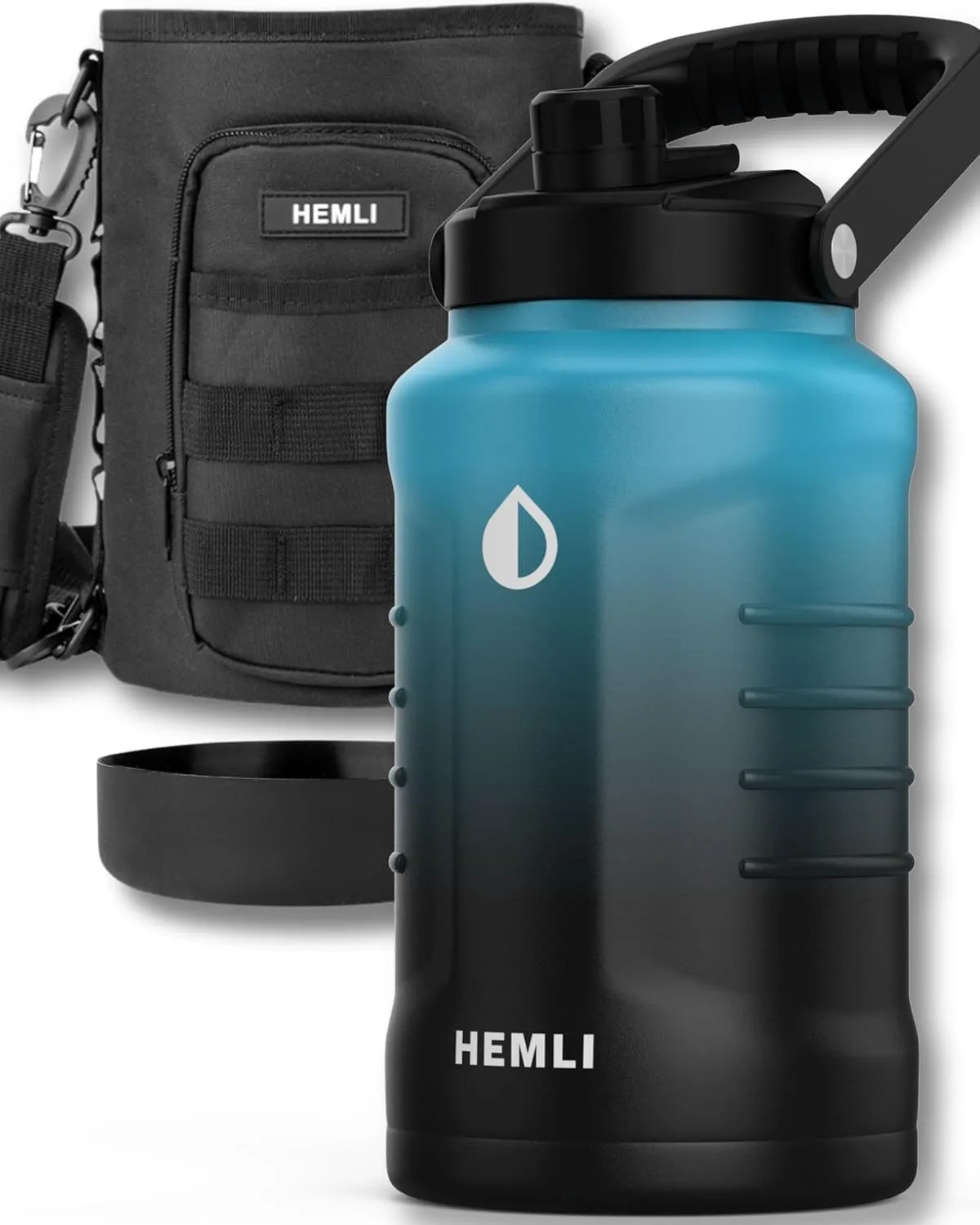 One Gallon Insulated Stainless Steel Water Bottle, 128 oz Jug, Triple-Walled Vacuum-Sealed Beer Growler, with Carrying Case (New Blue Black)
