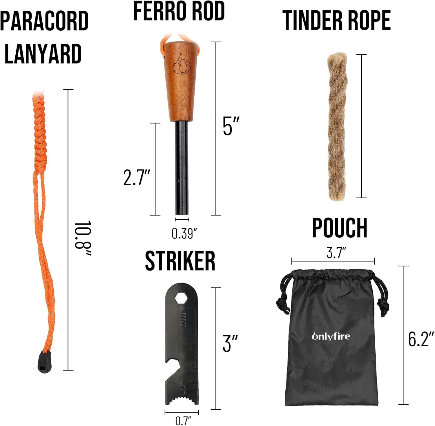 ONLYFIRE OUTDOOR LIVING Fire Starter Survival Tool, Ferro Rod Kit with Tinder Wick, Pouch, Waterproof Flint and Steel Fire Starter for Camping, Hiking and Backpacking Gear