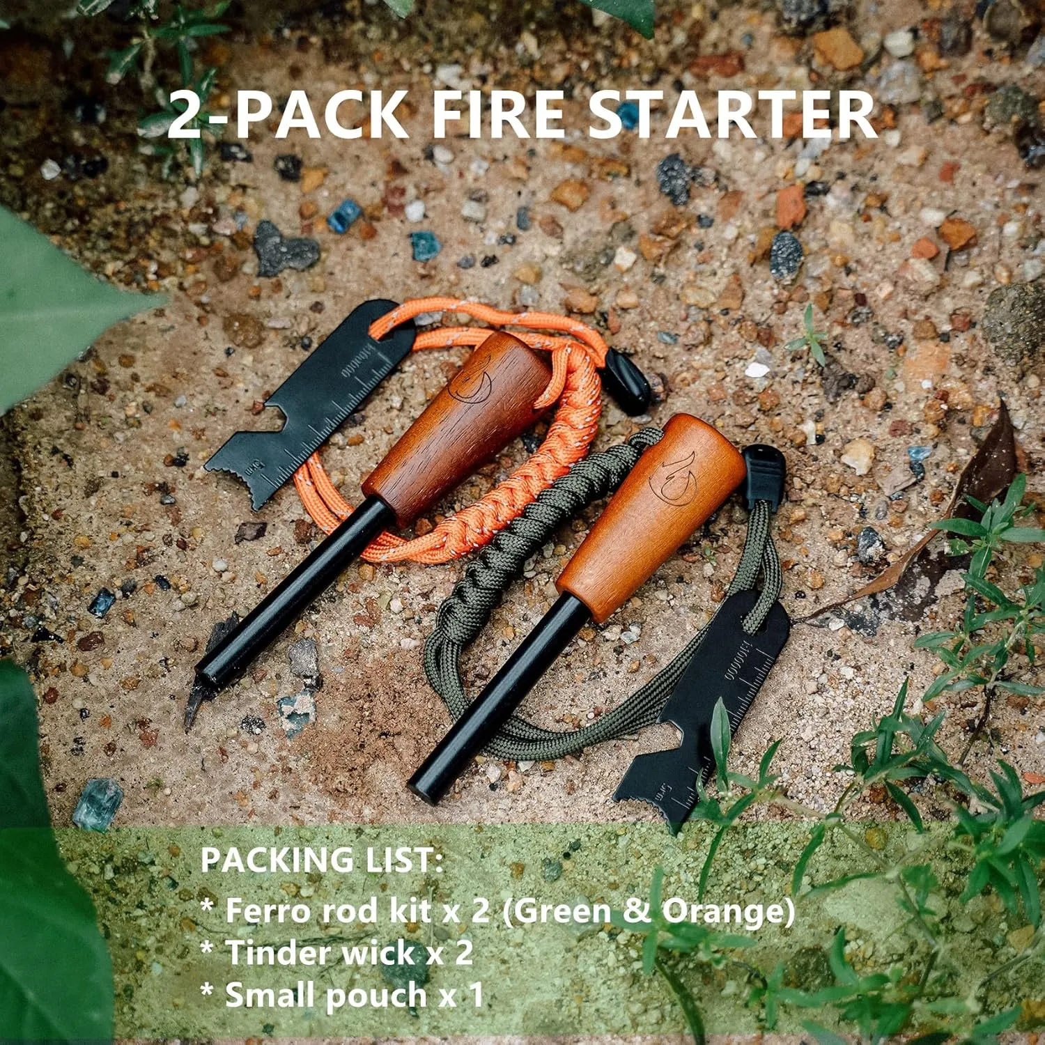 ONLYFIRE OUTDOOR LIVING Fire Starter Survival Tool, Ferro Rod Kit with Tinder Wick, Pouch, Waterproof Flint and Steel Fire Starter for Camping, Hiking and Backpacking Gear