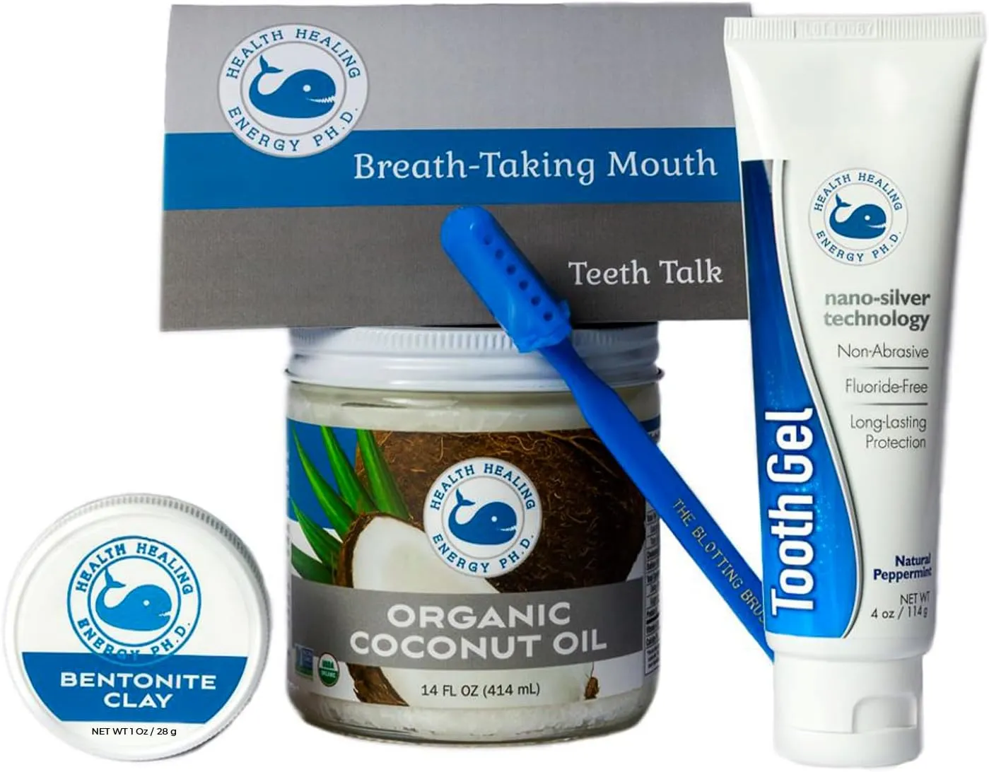 Oral Care Kit | Teeth Whitening Pack Includes Bentonite Clay, Blotting Brush, Silver Toothpaste Gel and Coconut Oil | Formulated for Fresh Breath and Super Clean Mouth