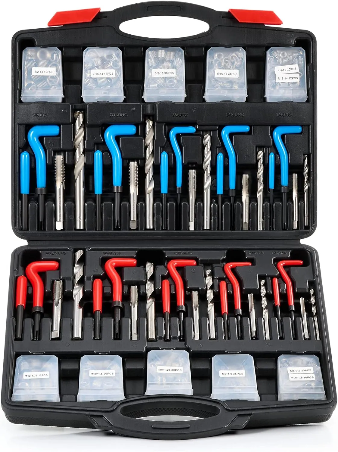 Orion Motor Tech Thread Repair Kit, SAE and Metric Helicoil Repair Kit with HSS Drill Bits Inserts Taps Break Off Tools, Rethreading Tools in 1/4" 5/16" 3/8" 7/16" 1/2" & M5 M6 M8 M10 M12 Sizes