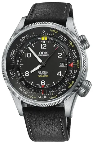 Oris Big Crown ProPilot Altimeter Automatic Stainless Steel Black Dial Black Leather Strap Date Mens Watch 733 7705 4134-Set 5 23 19FC