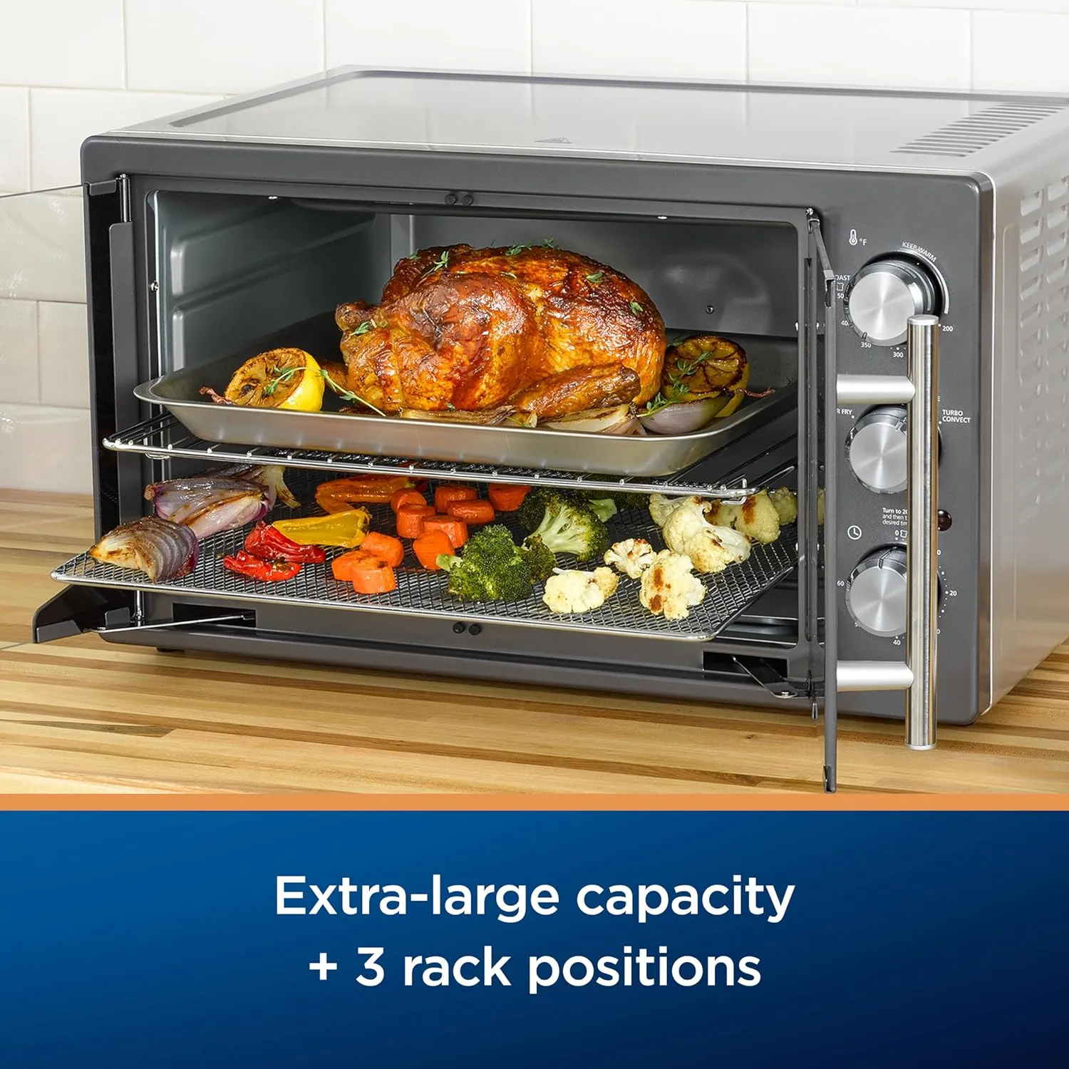 Oster Extra-Large French Door Air Fryer Countertop Oven, Stainless Steel, 60-Min Timer, 6 Cooking Functions, Versatile Accessories, Reduces Energy and Cooking Time (Renewed)