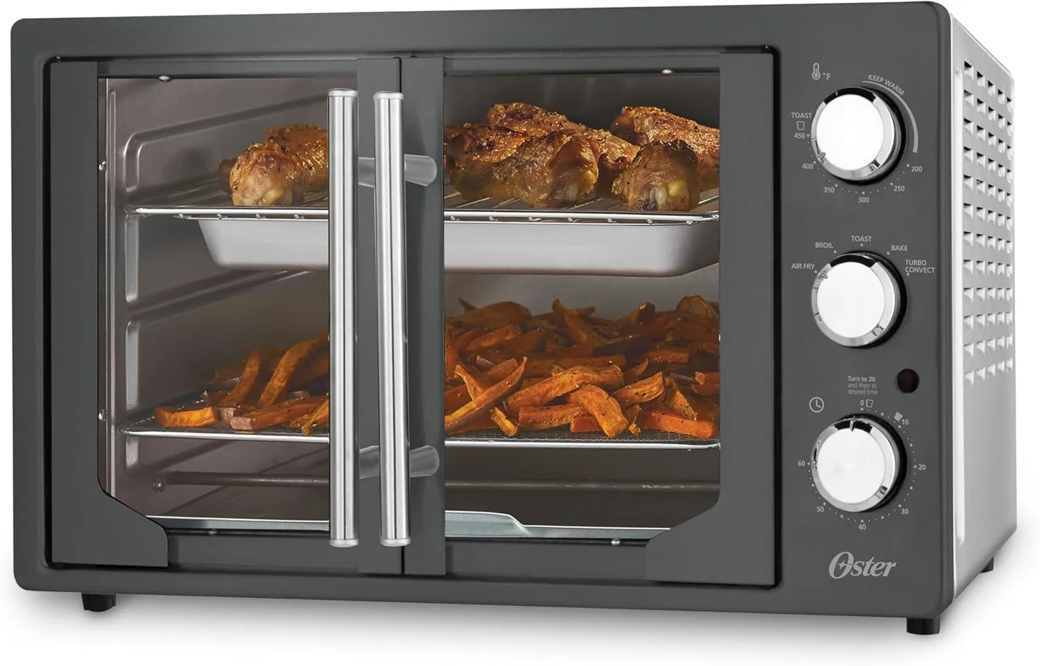 Oster Extra-Large French Door Air Fryer Countertop Oven, Stainless Steel, 60-Min Timer, 6 Cooking Functions, Versatile Accessories, Reduces Energy and Cooking Time (Renewed)