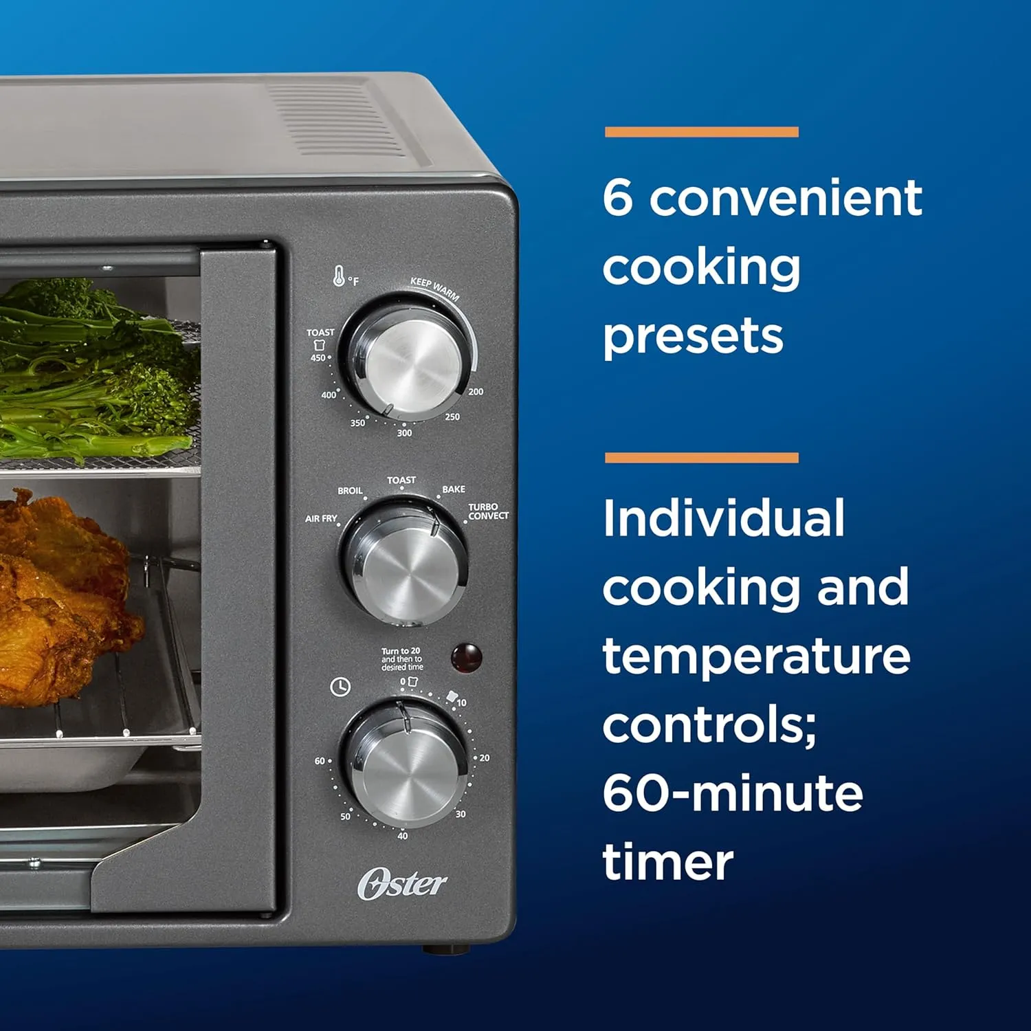 Oster Extra-Large French Door Air Fryer Countertop Oven, Stainless Steel, 60-Min Timer, 6 Cooking Functions, Versatile Accessories, Reduces Energy and Cooking Time (Renewed)