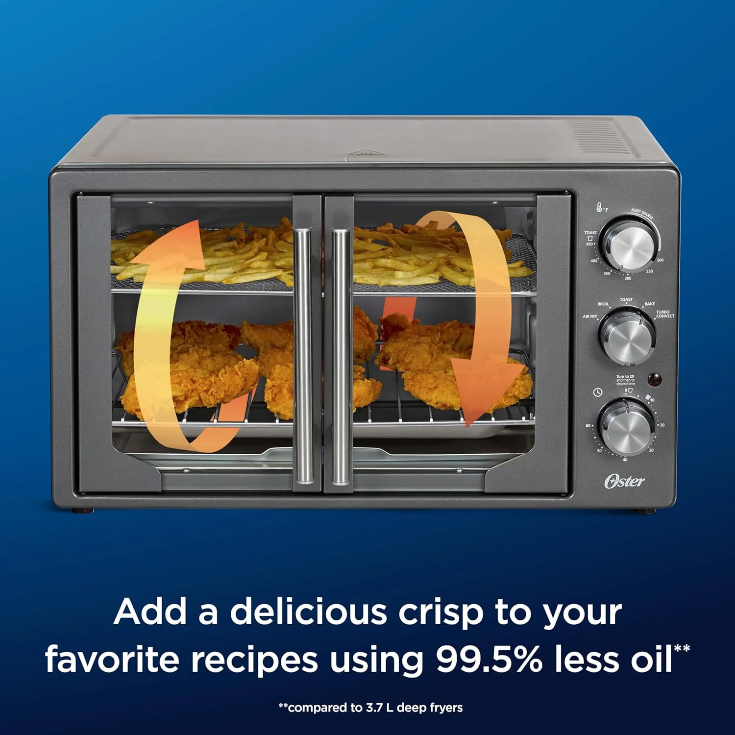 Oster Extra-Large French Door Air Fryer Countertop Oven, Stainless Steel, 60-Min Timer, 6 Cooking Functions, Versatile Accessories, Reduces Energy and Cooking Time (Renewed)