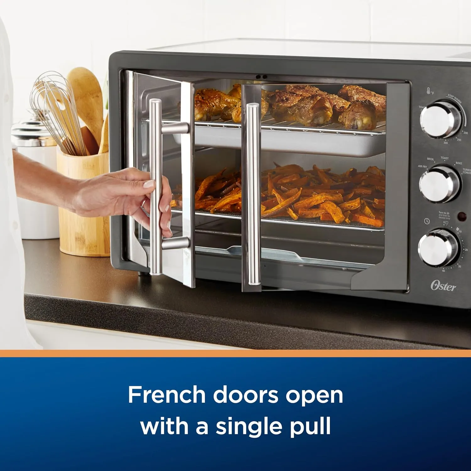 Oster Extra-Large French Door Air Fryer Countertop Oven, Stainless Steel, 60-Min Timer, 6 Cooking Functions, Versatile Accessories, Reduces Energy and Cooking Time (Renewed)