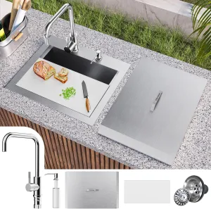 Outdoor Sink, TECASA 21 x 18 Inch Drop-in Workstation Kitchen Sink with Dust Lid and Faucet, T304 Stainless Steel Single Bowl Bar Basin with Cutting Board for Garage, RV, BBQ & Gardening