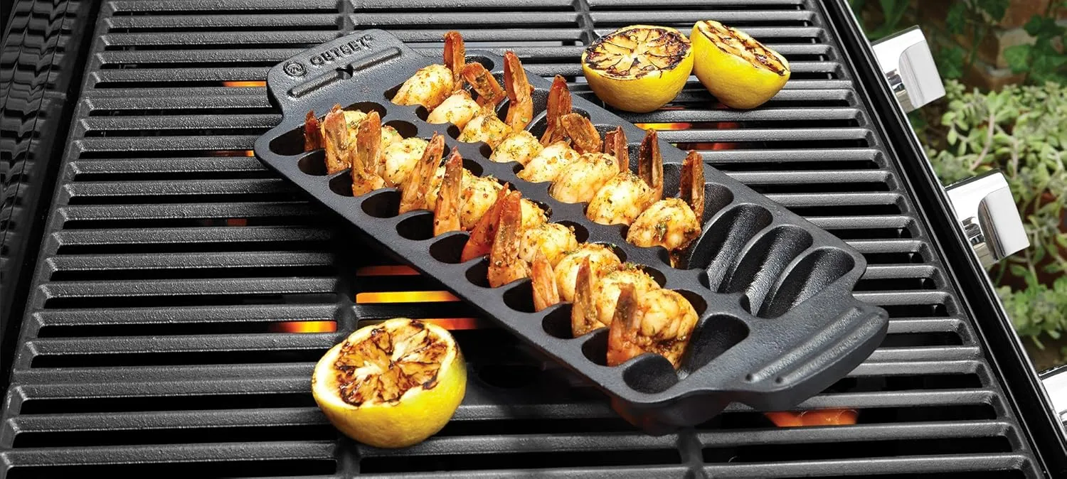 Outset 76375 Shrimp Cast Iron Grill and Serving Pan , Black
