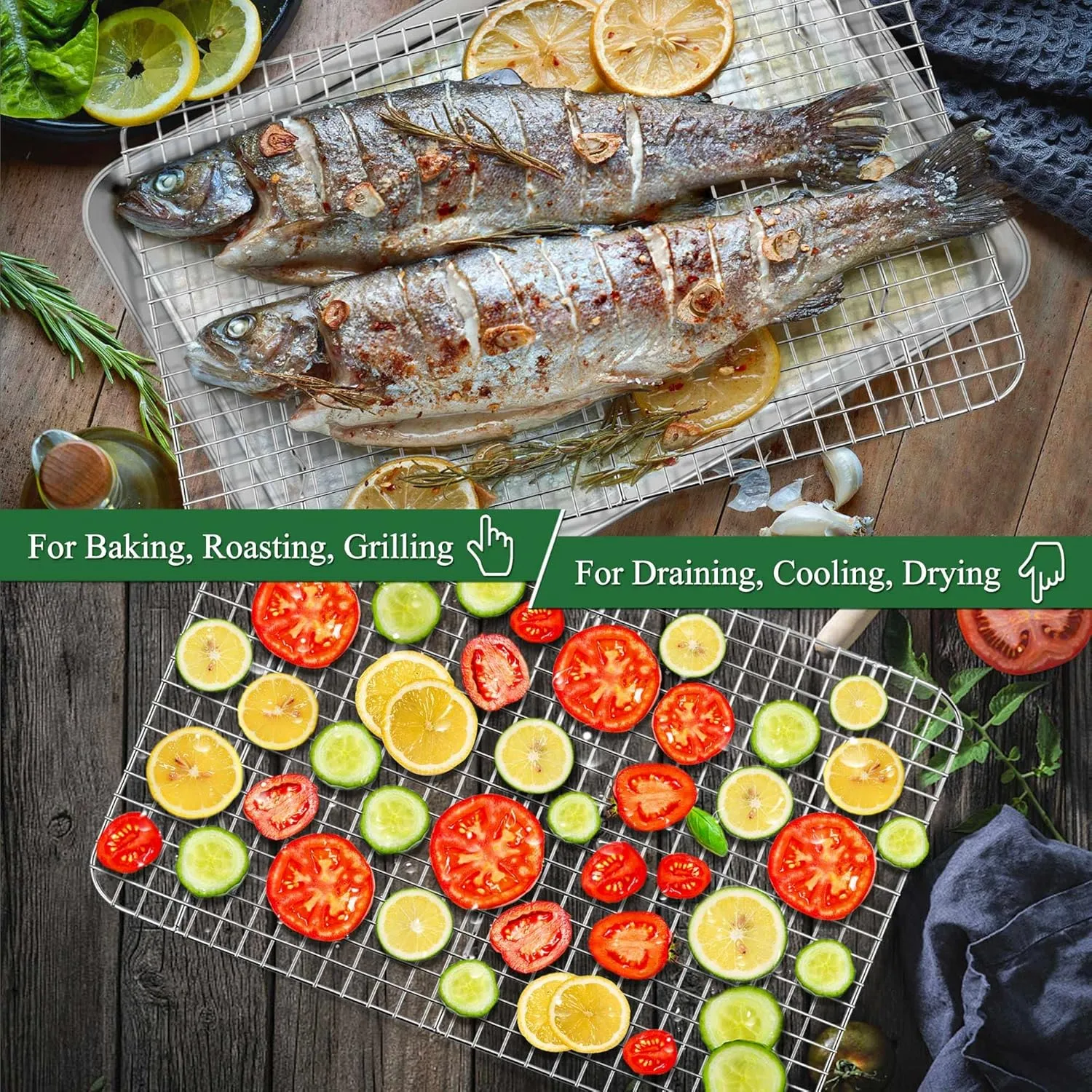 P&P CHEF 16 Inch Baking Sheet and Rack Set, Stainless Steel Cookies Baking Sheet Large Oven Pan Tray and Cooling Grid Rack for Bread Meats, Oven & Dishwasher Safe, (4Pcs)
