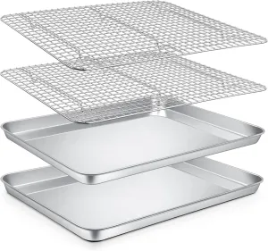P&P CHEF 16 Inch Baking Sheet and Rack Set, Stainless Steel Cookies Baking Sheet Large Oven Pan Tray and Cooling Grid Rack for Bread Meats, Oven & Dishwasher Safe, (4Pcs)