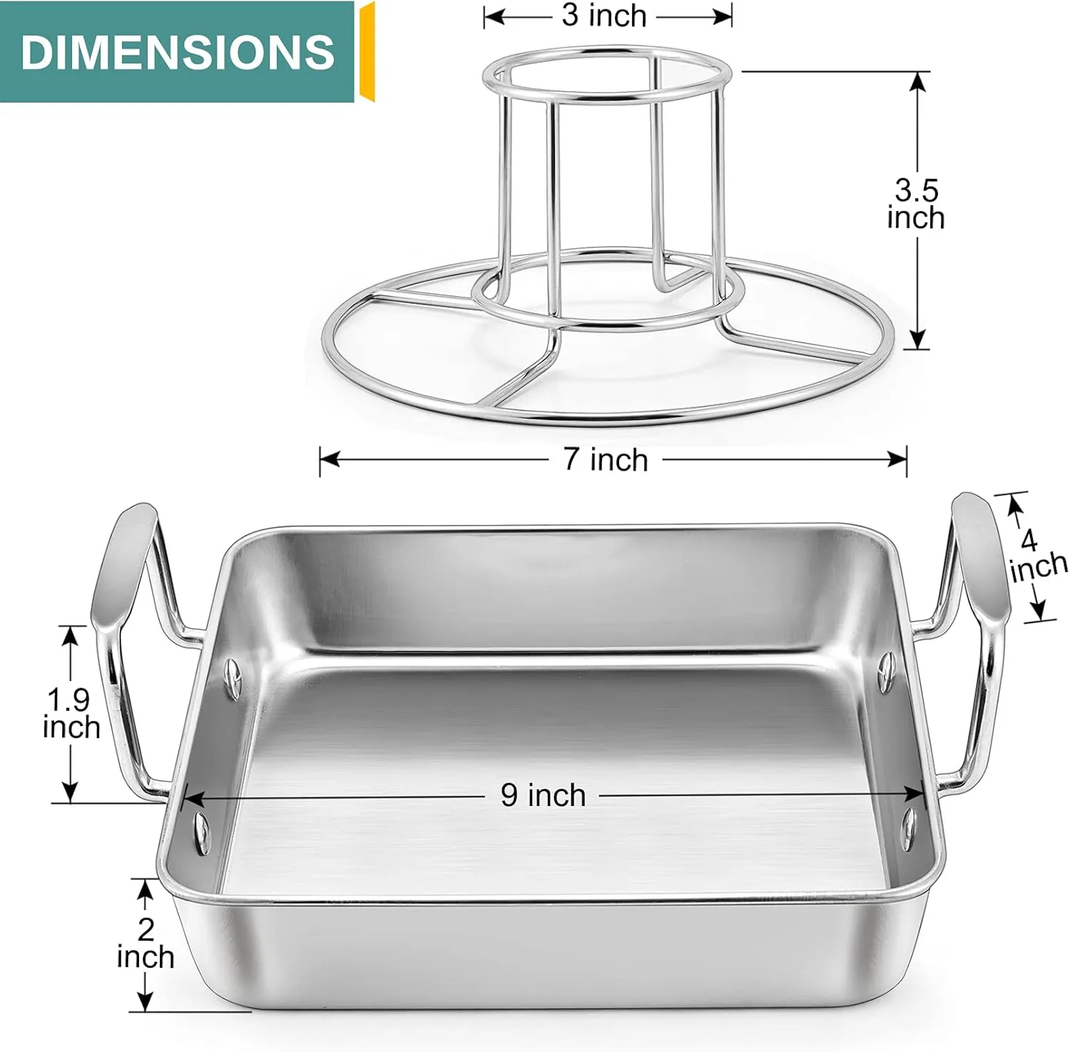P&P CHEF Beer Can Chicken Holder with Roasting Pan Set, 9-inch Stainless Steel Square Baking Pan and Chicken Rack For Grilling, Heavy Duty & Dishwasher Safe, 4Pcs