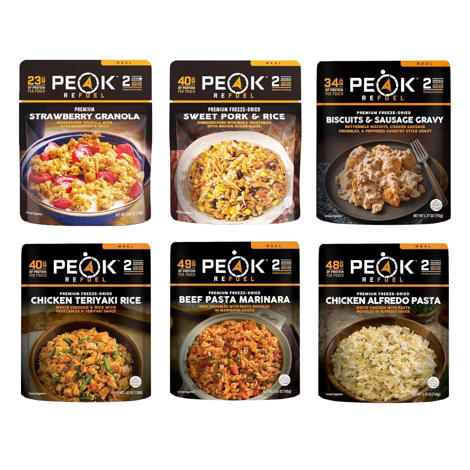 Peak Refuel Variety Meal Kit | 239g Protein | 4920 Calories | 100% Real Meat | Premium Freeze Dried Backpacking & Camping Food | 2 Servings | Ideal MRE Survival Meal