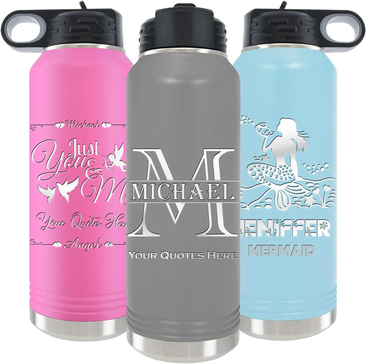 Personalized Water Bottles 40oz/32oz with Flip-Top Lid and Straw, Custom Vacuum Insulated Water Flask, Stainless Steel Sports Double Wall Thermos, Name and Text Engraved in USA by iProductsUS (Gray)