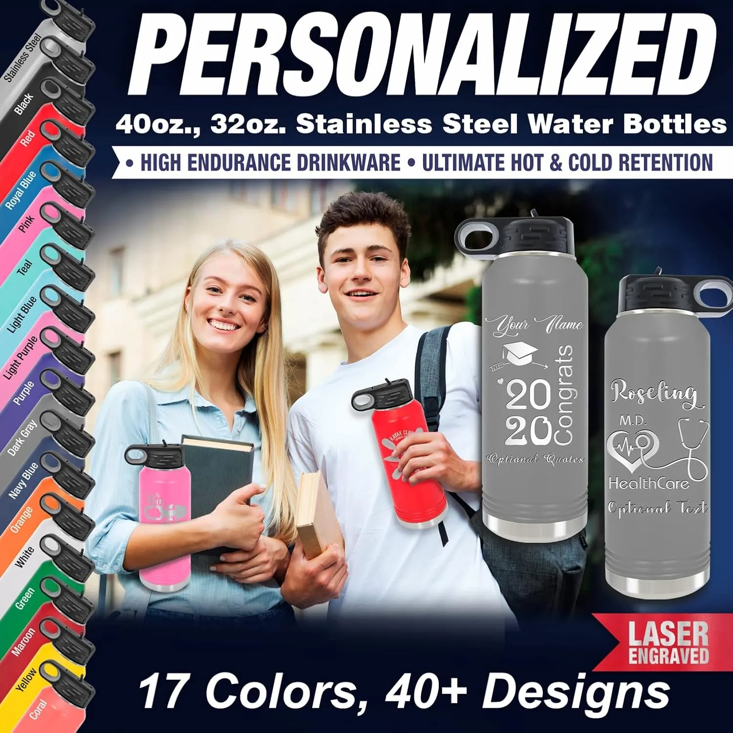 Personalized Water Bottles 40oz/32oz with Flip-Top Lid and Straw, Custom Vacuum Insulated Water Flask, Stainless Steel Sports Double Wall Thermos, Name and Text Engraved in USA by iProductsUS (Gray)