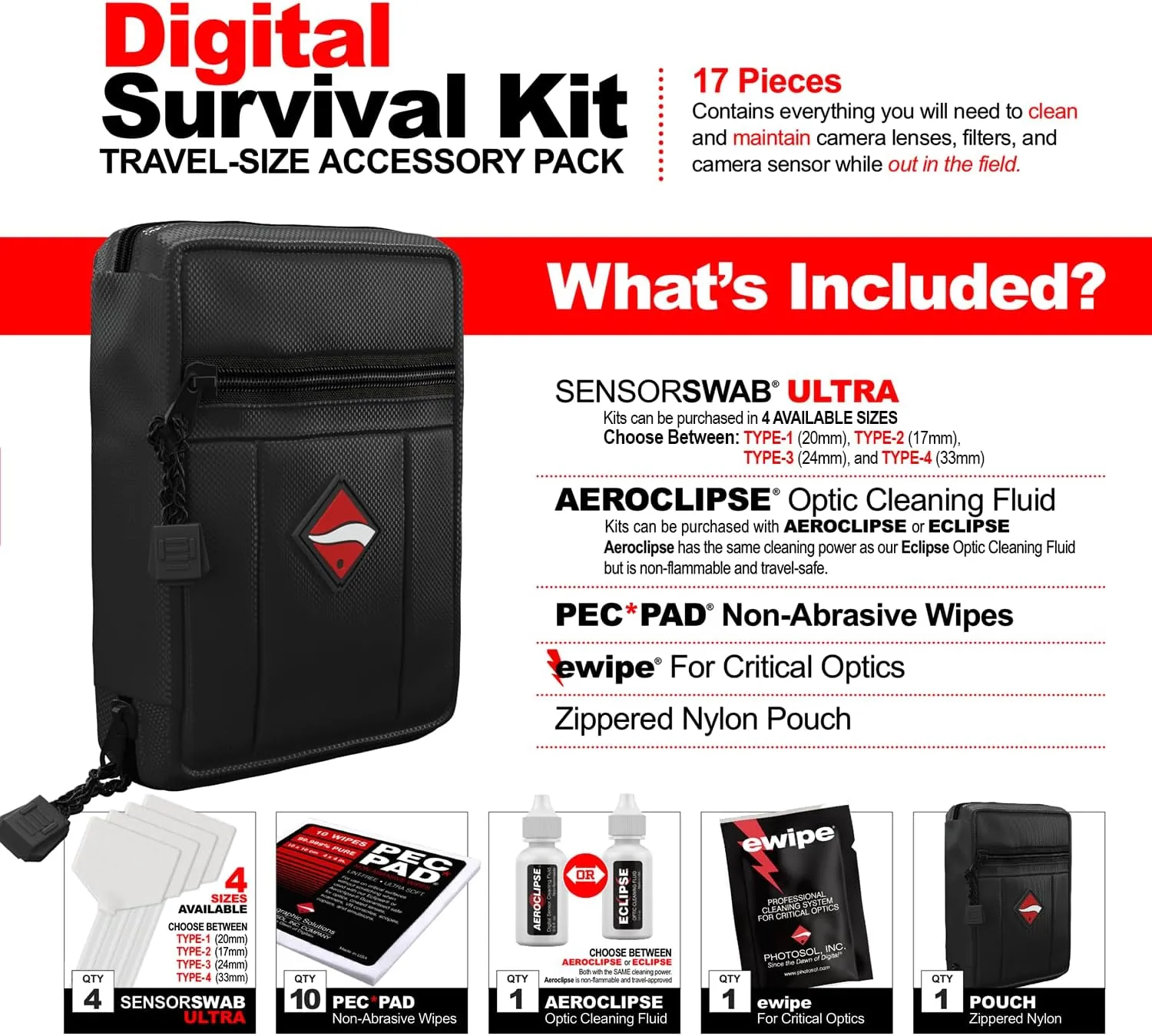 Photographic Solutions Digital Survival Kit - Type-1 (20mm) Sensor Swabs, PEC-PAD Photo Wipes, E-Wipe Packet, Aeroclipse Optic Cleaner Non-Flamable Solution - Camera Cleaning Kit with Travel Bag