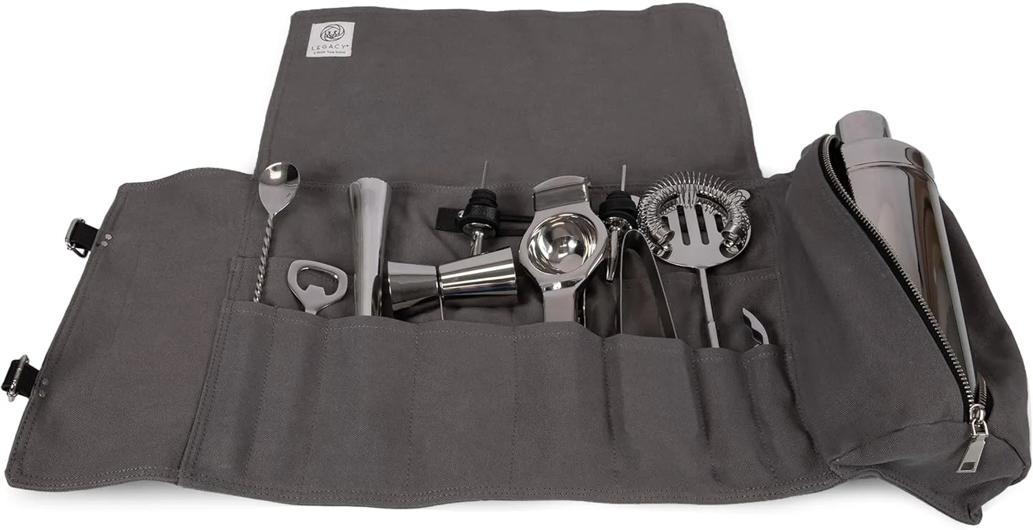 PICNIC TIME Barkeep Bar Tool Roll Up Kit, Professional Bartender Set, Travel Bar Set, (Gray with Black Accents)