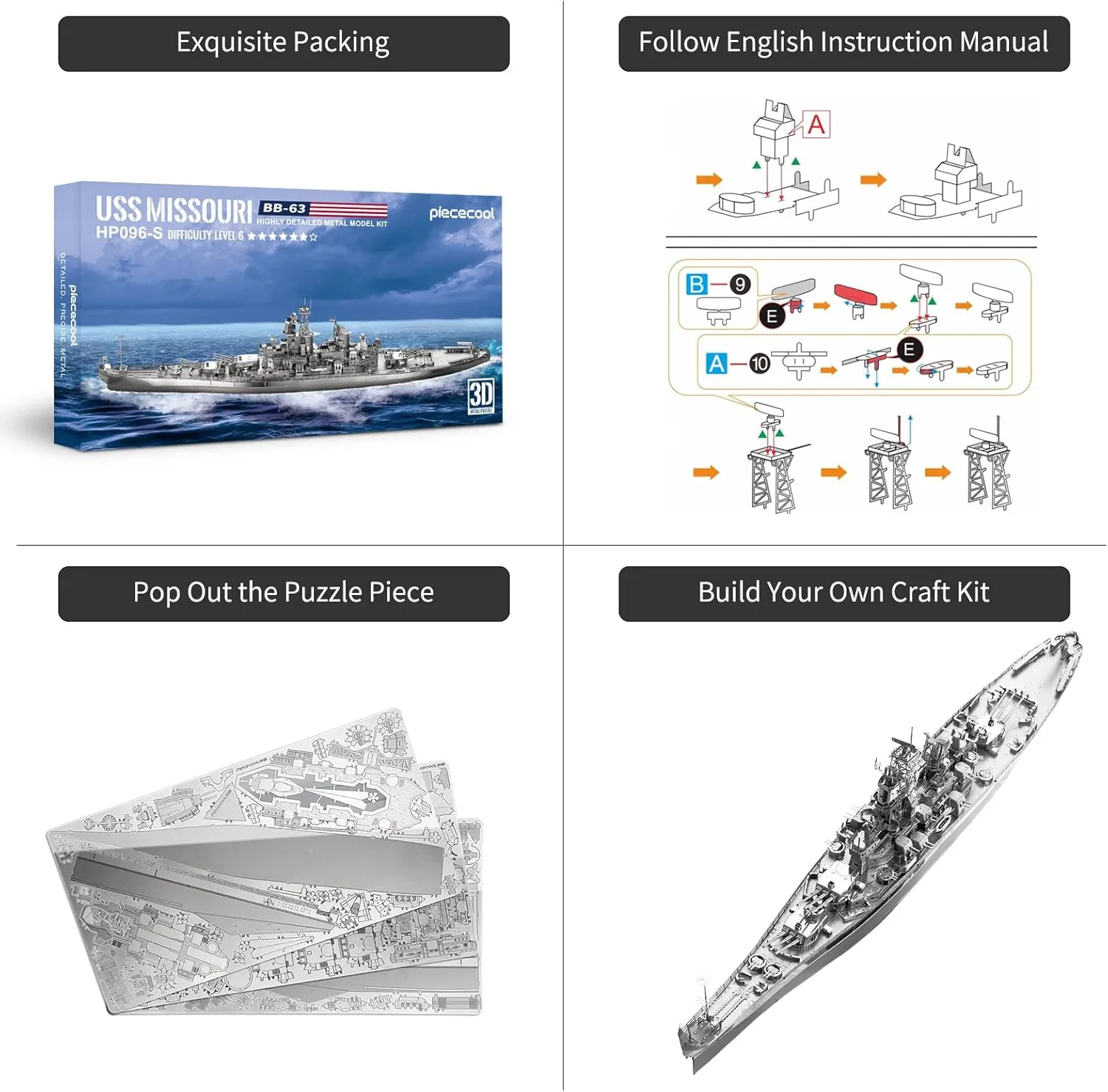 Piececool 3D Puzzles for Adults, USS Missouri Battleship Metal Model Kits, DIY 3D Metal Puzzle for Teenagers Students Stress Relief, Aircraft Carrier Toy Gift for Boys Men, 155 Pcs